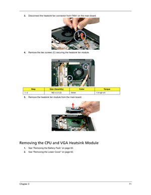 Page 81Chapter 371
3.Disconnect the heatsink fan connector from FAN1 on the main board. 
4.Remove the two screws (C) securing the heatsink fan module.   
5.Remove the heatsink fan module from the main board. 
Removing the CPU and VGA Heatsink Module
1.See “Removing the Battery Pack” on page 60.
2.See “Removing the Lower Cover” on page 62.
StepSize (Quantity)ColorTo r q u e
1~2 M2 x L4 (2) Silver 1.6 kgf-cm 