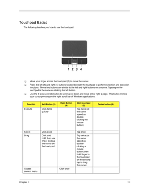 Page 21Chapter 111
Touchpad Basics
The following teaches you how to use the touchpad:
Move your finger across the touchpad (2) to move the cursor. 
Press the left (1) and right (4) buttons located beneath the touchpad to perform selection and execution 
functions. These two buttons are similar to the left and right buttons on a mouse. Tapping on the 
touchpad is the same as clicking the left button.
Use the 4-way scroll (3) button to scroll up or down and move left or right a page. This button mimics 
your...