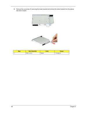 Page 7868Chapter 3
5.Remove the one screw (C) securing the locker bracket and remove the locker bracket from the optical 
disk drive module.  
StepSize (Quantity)ColorTo r q u e
1 M2 x L4 (1) Silver 1.6 kgf-cm 