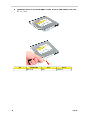 Page 7666Chapter 3
6.Remove the one screw (A) securing the locker bracket and remove the locker bracket from the optical 
disk drive module.   
StepSize (Quantity)ColorTo r q u e
1 M2 x L3 (1) Silver 1.6 kgf-cm 