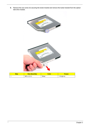 Page 7468Chapter 3
6.Remove the one screw (A) securing the locker bracket and remove the locker bracket from the optical 
disk drive module.   
StepSize (Quantity)ColorTo r q u e
1 M2 x L3 (1) Silver 1.6 kgf-cm 