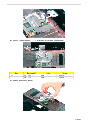 Page 9488Chapter 3
19.Remove the three screws (2 x F, 1 x A) securing the bracket to the upper case. 
20.Remove the touchpad bracket. 
StepSize (Quantity)ColorTo r q u e
1~2 M2 x L3 (2) Silver 1.6 kgf-cm
3 M2 x L3 (2) Silver 1.6 kgf-cm 