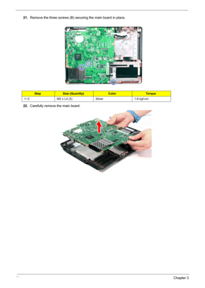 Page 10094Chapter 3
21.Remove the three screws (B) securing the main board in place. 
22.Carefully remove the main board. 
StepSize (Quantity)ColorTo r q u e
1~3 M2 x L4 (3) Silver 1.6 kgf-cm 