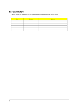 Page 2II
Revision History
Please refer to the table below for the updates made on TravelMate α-550 service guide.
DateChapterUpdates 