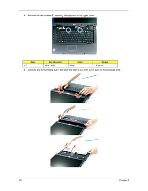 Page 8878Chapter 3
3.Remove the two screws (F) securing the keyboard to the upper case.  
4.Carefully pry the keyboard out of the latch and slide it out; then turn it over on the touchpad area. 
StepSize (Quantity)ColorTo r q u e
1~2 M2 x L3 (2) Silver 1.6 kgf-cm 