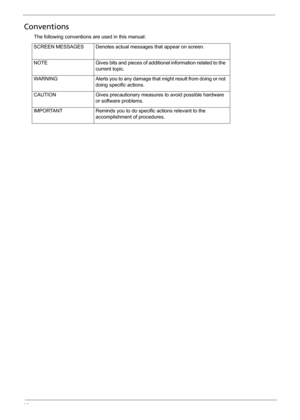 Page 6VI
Conventions
The following conventions are used in this manual:
SCREEN MESSAGES Denotes actual messages that appear on screen.
NOTE Gives bits and pieces of additional information related to the 
current topic.
WARNING Alerts you to any damage that might result from doing or not 
doing specific actions.
CAUTION Gives precautionary measures to avoid possible hardware 
or software problems.
IMPORTANT Reminds you to do specific actions relevant to the 
accomplishment of procedures. 