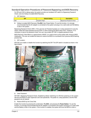 Page 133Chapter 5123
Standard Operation Procedures of Password Bypassing and BIOS Recovery
For RD and CSD to debug easily, the system provide one hardware DIP switch for Bypassing Password 
Check, and one Hotkey to enable BIOS Recovery.
1.DIP Switches: 
2.Hotkey to enable BIOS Recovery: Fn+ESC, then Power Button. To use this function, it is strongly 
recommended that the AC adapter is connected to the system and plug-in to a wall outlet and the Battery 
is also in the system
Bypassing Password Check (SW1): If...