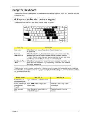 Page 23Chapter 113
Using the Keyboard
The keyboard has full-sized keys and an embedded numeric keypad, separate cursor, lock, Windows, function 
and special keys.
Lock Keys and embedded numeric keypad
The keyboard has three lock keys which you can toggle on and off.
The embedded numeric keypad functions like a desktop numeric keypad. It is indicated by small characters 
located on the upper right corner of the keycaps. To simplify the keyboard legend, cursor-control key symbols 
are not printed on the keys....