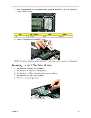 Page 75Chapter 365
7.Move the antenna away from the WLAN board and remove the two screws (F) on the WLAN board to 
release the WLAN board.   
8.Detach the WLAN board from the WLAN socket. 
NOTE:  When attaching the antenna back to the WLAN board, make sure the cable are arranged properly. 
Removing the Hard Disk Drive Module 
1.See “Removing the Battery Pack” on page 60.
2.See “Removing the SD dummy card” on page 60.
3.See “Removing the PC and ExpressCard dummy cards” on page 61.
4.See “Removing the Lower...