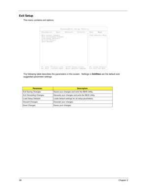 Page 4638Chapter 2
Exit Setup
This menu contains exit options.
The following table describes the parameters in this screen.  Settings in boldface
 are the default and 
suggested parameter settings
.
ParameterDescription
Exit Saving Changes Saves your changes and exits the BIOS Utility.
Exit Discarding Changes Discards your changes and exits the BIOS Utility.
Load Setup Defaults Loads default settings for all setup parameters.
Discard Changes Discards your changes.
Save Changes Saves your changes. 
