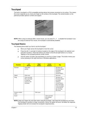 Page 27Chapter 119
Touchpad
The built-in touchpad is a PS/2-compatible pointing device that senses movement on its surface. This means 
the cursor responds as you move your finger on the surface of the touchpad. The central location on the 
palmrest provides optimum comfort and support.
NOTE: 
When using an external USB or serial mouse, you can press Fn + 
r to disable the touchpad. If you 
are using an external PS/2 mouse, the touchpad is automatically disabled.
Touchpad Basics
The following items teach you...