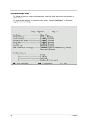 Page 4234Chapter 2
Startup Configuration
The Startup Configuration screen contains parameter values that define how your computer behaves on 
system startup.
The following table describes the parameters in this screen.  Settings in boldface
 are the default and 
suggested parameter settings. 