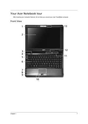 Page 15Chapter 17
Your Acer Notebook tour
After knowing your computer features, let us show you around your new TravelMate computer.
Front View 