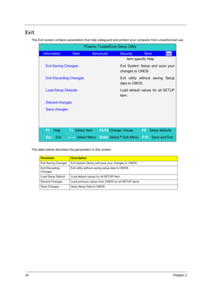 Page 4234Chapter 2
Exit
The Exit screen contains parameters that help safeguard and protect your computer from unauthorized use.
The table below describes the parameters in this screen.
ParameterDescription
Exit Saving Changes Exit System Setup and save your changes to CMOS.
Exit Discarding 
ChangesExit utility without saving setup data to CMOS.
Load Setup Default Load default values for all SETUP item.
Discard Changes Load previous values from CMOS for all SETUP items.
Save Changes Save Setup Data to CMOS....