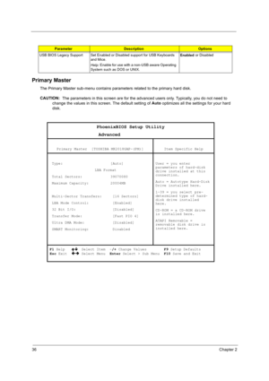 Page 4636Chapter 2
Primary Master
The Primary Master sub-menu contains parameters related to the primary hard disk.
CAUTION: 
 The parameters in this screen are for the advanced users only. Typically, you do not need to 
change the values in this screen. The default setting of Auto
 optimizes all the settings for your hard 
disk. 
USB BIOS Legacy Support Set Enabled or Disabled support for USB Keyboards 
and Mice.
Help: Enable for use with a non-USB aware Operating 
System such as DOS or UNIX.Enabled or...