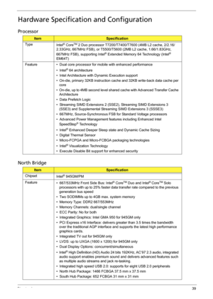 Page 45Chapter 139
Hardware Specification and Configuration
Processor
North Bridge
ItemSpecification
Ty p e
Intel
® CoreTM 2 Duo processor T7200/T7400/T7600 (4MB L2 cache, 2/2.16/
2.33GHz, 667MHz FSB), or T5500/T5600 (2MB L2 cache, 1.66/1.83GHz, 
667MHz FSB), supporting Intel
® Extended Memory 64 Technology (Intel® 
EM64T)
Feature •  Dual core processor for mobile with enhanced performance
•  Intel
® 64 architecture
•  Intel Architecture with Dynamic Execution support
•  On-die, primary 32KB instruction cache...