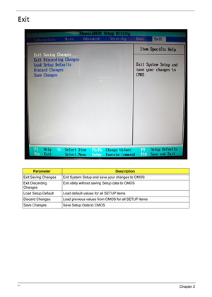 Page 6559Chapter 2
Exit
ParameterDescription
Exit Saving Changes Exit System Setup and save your changes to CMOS
Exit Discarding 
ChangesExit utility without saving Setup data to CMOS
Load Setup Default Load default values for all SETUP items
Discard Changes Load previous values from CMOS for all SETUP items
Save Changes  Save Setup Data to CMOS 