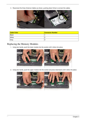 Page 10494Chapter 3
Replacing the Memory Modules
3. Reconnect the three Antenna Cables as shown, pushing down firmly to connect the cables.
Cable ColorConnector Number
Black 1
White 2
Gray 3
1. Using two hands, push the lower module into the socket until it clicks into place.
2. Using two hands, push the upper module into the socket and press downward until it clicks into place. 