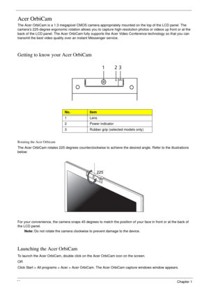 Page 3828Chapter 1
Acer OrbiCam
The Acer OrbiCam is a 1.3 megapixel CMOS camera appropriately mounted on the top of the LCD panel. The 
camera’s 225-degree ergonomic rotation allows you to capture high-resolution photos or videos up front or at the 
back of the LCD panel. The Acer OrbiCam fully supports the Acer Video Conference technology so that you can 
transmit the best video quality over an instant Messenger service.
Getting to know your Acer OrbiCam
Rotating the Acer Orbicam
The Acer OrbiCam rotates 225...