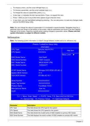 Page 5848            Chapter 2
qTo choose a menu, use the cursor left/right keys (zx).
qTo choose a parameter, use the cursor up/down keys (wy).
qTo change the value of a parameter, press p or q.
qA plus sign (+) indicates the item has sub-items. Press e to expand this item.
qPress ^ while you are in any of the menu options to go to the Exit menu.
qIn any menu, you can load default settings by pressing t. You can also press u to save any changes made 
and exit the BIOS Setup Utility.
Note: You can change the...