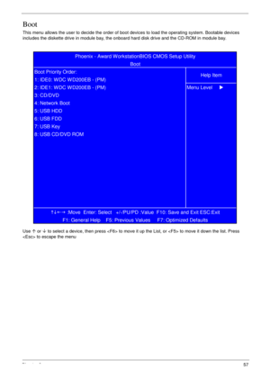 Page 67Chapter 257
Boot
This menu allows the user to decide the order of boot devices to load the operating system. Bootable devices 
includes the diskette drive in module bay, the onboard hard disk drive and the CD-ROM in module bay.
Use µ or ¶ to select a device, then press  to move it up the List, or  to move it down the list. Press 
 to escape the menu
KLIJ
 :Move  Enter: Select   +/-/PU/PD :Value  F10: Save and Exit ESC:Exit
F1: General Help    F5: Previous Values     F7: Optimized Defaults   8: USB CD/DVD...