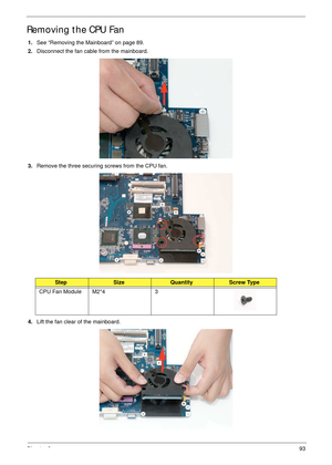 Page 103Chapter 393
Removing the CPU Fan
1.See “Removing the Mainboard” on page 89.
2.Disconnect the fan cable from the mainboard.
3.Remove the three securing screws from the CPU fan.
4.Lift the fan clear of the mainboard.
StepSizeQuantityScrew Type
CPU Fan Module M2*4 3 