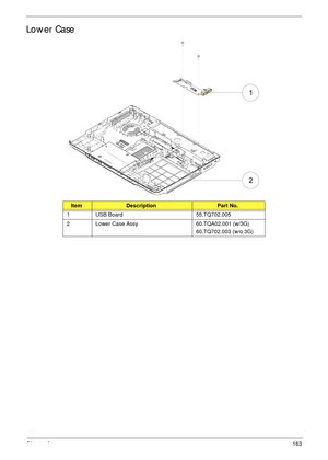 Page 173Chapter 6163
Lower Case
ItemDescriptionPart No.
1 USB Board 55.TQ702.005
2 Lower Case Assy 60.TQA02.001 (w/3G)
60.TQ702.003 (w/o 3G) 