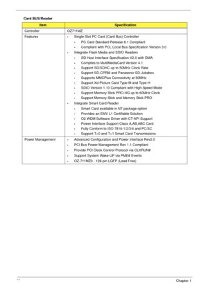 Page 3222Chapter 1
Card BUS/Reader
ItemSpecification
Controller OZ711MZ
Features
•Single-Slot PC Card (Card Bus) Controller
•PC Card Standard Release 8.1 Compliant
•Compliant with PCL Local Bus Specification Version 3.0
•Integrate Flash Media and SDIO Readers
•SD Host Interface Specification V2.0 with DMA
•Complies to MutilMediaCard Version 4.1
•Support SD/SDHC up to 50MHz Clock Rate
•Support SD-CPRM and Panasonic SD-Jukebox
•Supports MMCPlus Connectivity at 50MHz
•Support Xd-Picture Card Type-M and Type-H...