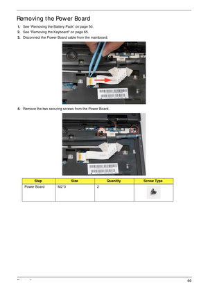 Page 79Chapter 369
Removing the Power Board
1.See “Removing the Battery Pack” on page 50.
2.See “Removing the Keyboard” on page 65.
3.Disconnect the Power Board cable from the mainboard.
4.Remove the two securing screws from the Power Board.
StepSizeQuantityScrew Type
Power Board M2*3 2 