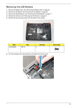 Page 85Chapter 375
Removing the LCD Module
1.Remove the Battery Pack. See “Removing the Battery Pack” on page 50.
2.Remove the 3G Module. See “Removing the 3G Module” on page 56.
3.Remove the WLAN Module. See “Removing the WLAN Module” on page 71.
4.Remove the Antenna. See “Removing the 3G Antenna” on page 72.
5.Remove the two securing screws from the bottom of the chassis.
6.Turn the computer over. Disconnect the LCD cable from the top cover.
StepSizeQuantityScrew Type
LCD Module M2*10 2 