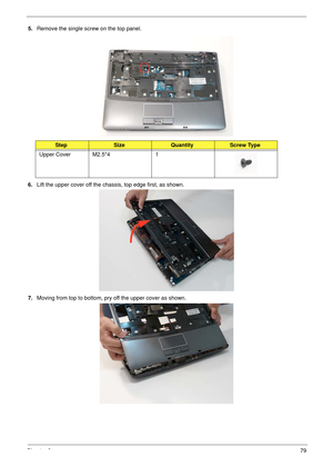 Page 89Chapter 379
5.Remove the single screw on the top panel.
 
6.Lift the upper cover off the chassis, top edge first, as shown.
7.Moving from top to bottom, pry off the upper cover as shown.
StepSizeQuantityScrew Type
Upper Cover M2.5*4 1 