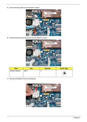 Page 9888Chapter 3
5.Disconnect the cable from the Modem module.
6.Remove the two securing screws from the Modem module.
7.Remove the Modem from the mainboard.
StepSizeQuantityScrew Type
Modem Module M2*3 2 