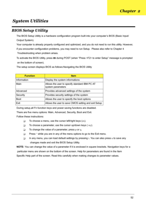 Page 58Chapter 252
BIOS Setup Utility
The BIOS Setup Utility is a hardware configuration program built into your computer’s BIOS (Basic Input/
Output System).
Your computer is already properly configured and optimized, and you do not need to run this utility. However, 
if you encounter configuration problems, you may need to run Setup.  Please also refer to Chapter 4
 Troubleshooting when problem arises.
To activate the BIOS Utility, press 
m during POST (when “Press  to enter Setup” message is prompted
 on the...