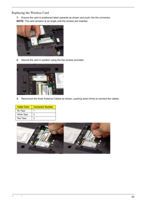 Page 103
Chapter 393
Replacing the Wireless Card
1.Ensure the card is positioned label upwards as shown and push into the connector.
NOTE: The card remains at an angle until the screws are inserted.
2. Secure the card in position using the two screws provided.
3. Reconnect the three Antenna Cables as shown, pushing down firmly to connect the cables.
Cable ColorConnector Number
No Tape 1
White Tape 2
Red Tape 3 