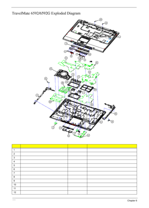 Page 130
120Chapter 6
TravelMate 6592/6592G Exploded Diagram
1
2
3
4
5
6
7
8
9
10
11
12 