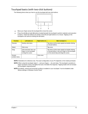 Page 23Chapter 113
Touchpad basics (with two-click buttons)
The following items show you how to use the touchpad with two-click buttons.
Move your finger across the touchpad (1) to move the cursor.
Press the left (2) and right (3) buttons located beneath the touchpad to perform selection and execution 
functions. These two buttons are similar to the left and right buttons on a mouse. Tapping on the 
touchpad is the same as clicking the left button.
NOTE: Illustrations for reference only. The exact...