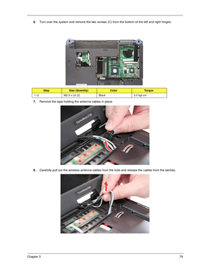 Page 89Chapter 379
6.Turn over the system and remove the two screws (C) from the bottom of the left and right hinges. 
7.Remove the tape holding the antenna cables in place.
8.Carefully pull out the wireless antenna cables from the hole and release the cables from the latches. 
StepSize (Quantity)ColorTo r q u e
1~2 M2.5 x L6 (2) Black 3.0 kgf-cm 