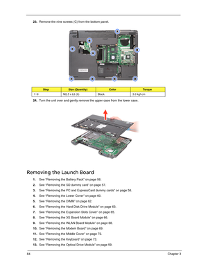 Page 9484Chapter 3
23.Remove the nine screws (C) from the bottom panel.   
24.Turn the unit over and gently remove the upper case from the lower case. 
Removing the Launch Board
1.See “Removing the Battery Pack” on page 56.
2.See “Removing the SD dummy card” on page 57.
3.See “Removing the PC and ExpressCard dummy cards” on page 58.
4.See “Removing the Lower Cover” on page 60.
5.See “Removing the DIMM” on page 62.
6.See “Removing the Hard Disk Drive Module” on page 63.
7.See “Removing the Expansion Slots Cover”...