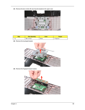 Page 99Chapter 389
23.Remove the two screws (B) securing the bracket to the upper case. 
24.Remove the touchpad bracket. 
25.Remove the fingerprint board module. 
StepSize (Quantity)ColorTo r q u e
1~2 M2 x L4 (2) Silver 1.6 kgf-cm 