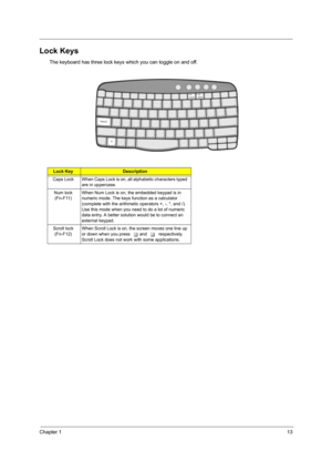 Page 21Chapter 113
Lock Keys
The keyboard has three lock keys which you can toggle on and off.
Lock KeyDescription
Caps  Lock When Caps Lock is on, all alphabetic characters typed 
are in uppercase.
Num lock   
(Fn-F11)When Num Lock is on, the embedded keypad is in 
numeric mode. The keys function as a calculator 
(complete with the arithmetic operators +, -, *, and /). 
Use this mode when you need to do a lot of numeric 
data entry. A better solution would be to connect an 
external keypad. 
Scroll lock...