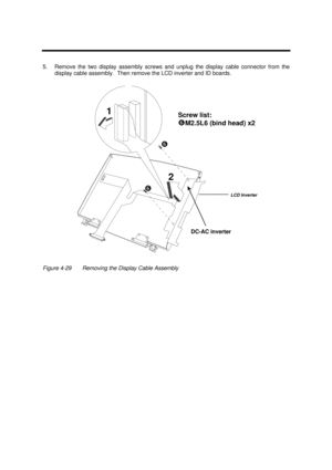 Page 167Disassembly and Unit Replacement4-215.Remove the two display assembly screws and unplug the display cable connector from the
display cable assembly.  Then remove the LCD inverter and ID boards.2 1
DC-AC inverterScrew list:
‘M2.5L6 (bind head) x2
‘ ‘ 
Figure 4-29Removing the Display Cable AssemblyLCD Inverter 