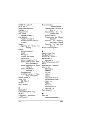 Page 138130 Index
DC-DC Converter 23
DC-in jack 11
Desktop Management 
Interface 31
Diagnostics 98
Disk Drives
Read/write heads 21
Disk drives 21
Read/write heads 21
Rotational speed (RPM) 21
Tracks 21
Display 2
Opening and Closing the
Display 3
display 2
auto-dim feature 27
dual 2
hot keys 8
opening and closing 3
performance 2
power management 2, 27
setting boot device in Note-
book Manager 39
setting boot device in Setup
Utility 48
setting in Notebook 
Manager 39
simultaneous 2
switching device in Note-
book...