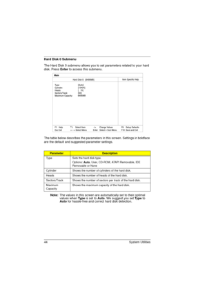 Page 5244 System Utilities
Hard Disk 0 Submenu
The Hard Disk 0 submenu allows you to set parameters related to your hard 
disk. Press Enter to access this submenu.
The table below describes the parameters in this screen. Settings in boldface 
are the default and suggested parameter settings. 
Note: The values in this screen are automatically set to their optimal 
values when Ty p e is set to Auto. We suggest you set Ty p e to 
Auto for hassle-free and correct hard disk detection.
ParameterDescription
Type Sets...