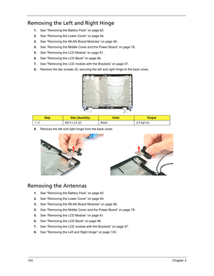 Page 108100Chapter 3
Removing the Left and Right Hinge
1.See “Removing the Battery Pack” on page 62.
2.See “Removing the Lower Cover” on page 64.
3.See “Removing the WLAN Board Modules” on page 68.
4.See “Removing the Middle Cover and the Power Board” on page 78.
5.See “Removing the LCD Module” on page 81.
6.See “Removing the LCD Bezel” on page 96.
7.See “Removing the LCD module with the Brackets” on page 97.
8.Remove the two screws (E) securing the left and right hinge to the back cover.  
9.Remove the left and...