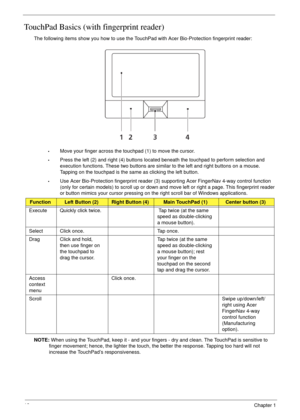 Page 2212Chapter 1
TouchPad Basics (with fingerprint reader)
The following items show you how to use the TouchPad with Acer Bio-Protection fingerprint reader:
•Move your finger across the touchpad (1) to move the cursor.
•Press the left (2) and right (4) buttons located beneath the touchpad to perform selection and 
execution functions. These two buttons are similar to the left and right buttons on a mouse. 
Tapping on the touchpad is the same as clicking the left button.
•Use Acer Bio-Protection fingerprint...