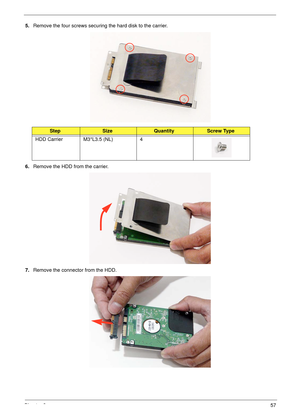 Page 67Chapter 357
5.Remove the four screws securing the hard disk to the carrier.
6.Remove the HDD from the carrier.
7.Remove the connector from the HDD.
StepSizeQuantityScrew Type
HDD Carrier M3*L3.5 (NL) 4 