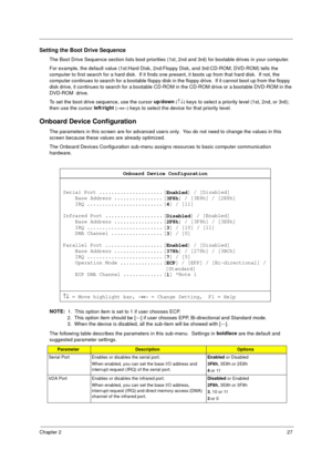 Page 33Chapter 227
Setting the Boot Drive Sequence
The Boot Drive Sequence section lists boot priorities (1st, 2nd and 3rd) for bootable drives in your computer.
For example, the default value (1st:Hard Disk, 2nd:Floppy Disk, and 3rd:CD-ROM, DVD-ROM) tells the 
computer to first search for a hard disk.  If it finds one present, it boots up from that hard disk.  If not, the 
computer continues to search for a bootable floppy disk in the floppy drive.  If it cannot boot up from the floppy  
disk drive, it...