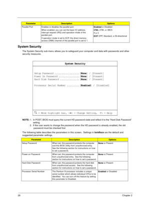 Page 3428Chapter 2
System Security
The System Security sub-menu allows you to safeguard your computer and data with passwords and other 
security measures.
NOTE: 
1.  In POST, BIOS must query the current HD password state and reflect it to the “Hard Disk Password” 
      setting.
 2.  If the user wants to change the password when the HD password is already enabled, the old 
       password must be checked first.
The following table describes the parameters in this screen.  Settings in boldface
 are the default...