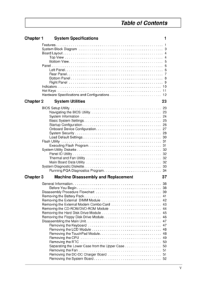 Page 5V
Table of Contents
Chapter 1 System Specifications  1
Features. . . . . . . . . . . . . . . . . . . . . . . . . . . . . . . . . . . . . . . . . . . . . . . . . . . . . . . .  1
System Block Diagram  . . . . . . . . . . . . . . . . . . . . . . . . . . . . . . . . . . . . . . . . . . . .   3
Board Layout . . . . . . . . . . . . . . . . . . . . . . . . . . . . . . . . . . . . . . . . . . . . . . . . . . . .  4
Top View  . . . . . . . . . . . . . . . . . . . . . . . . . . . . . . . . . . . . . . . . . . . ....