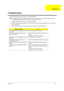 Page 63Chapter 457
Use the following procedure as a guide for computer problems.
NOTE: The diagnostic tests are intended to test only Acer products. Non-Acer products, prototype cards, or 
modified options can give false errors and invalid system responses.
1.Obtain the failing symptoms in as much detail as possible.
2.Verify the symptoms by attempting to re-create the failure by running the diagnostic test or by repeating 
the same operation.
3.Use the following table with the verified symptom to determine...